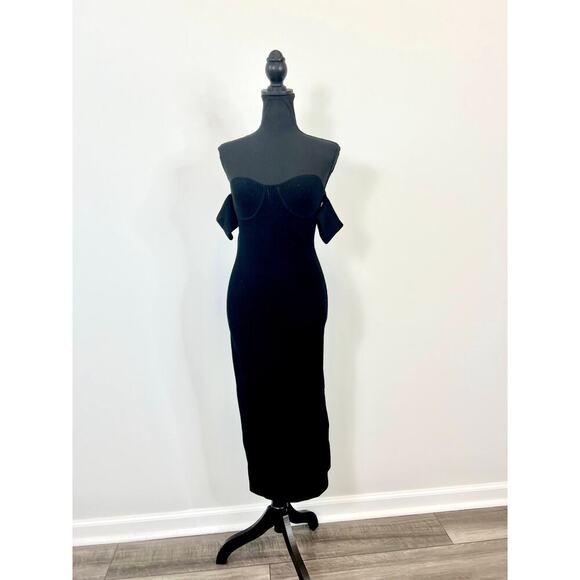 Helmut Lang Contour Rib-Knit Midi Dress in Black Medium Off Shoulder Pullover - Picture 1 of 5